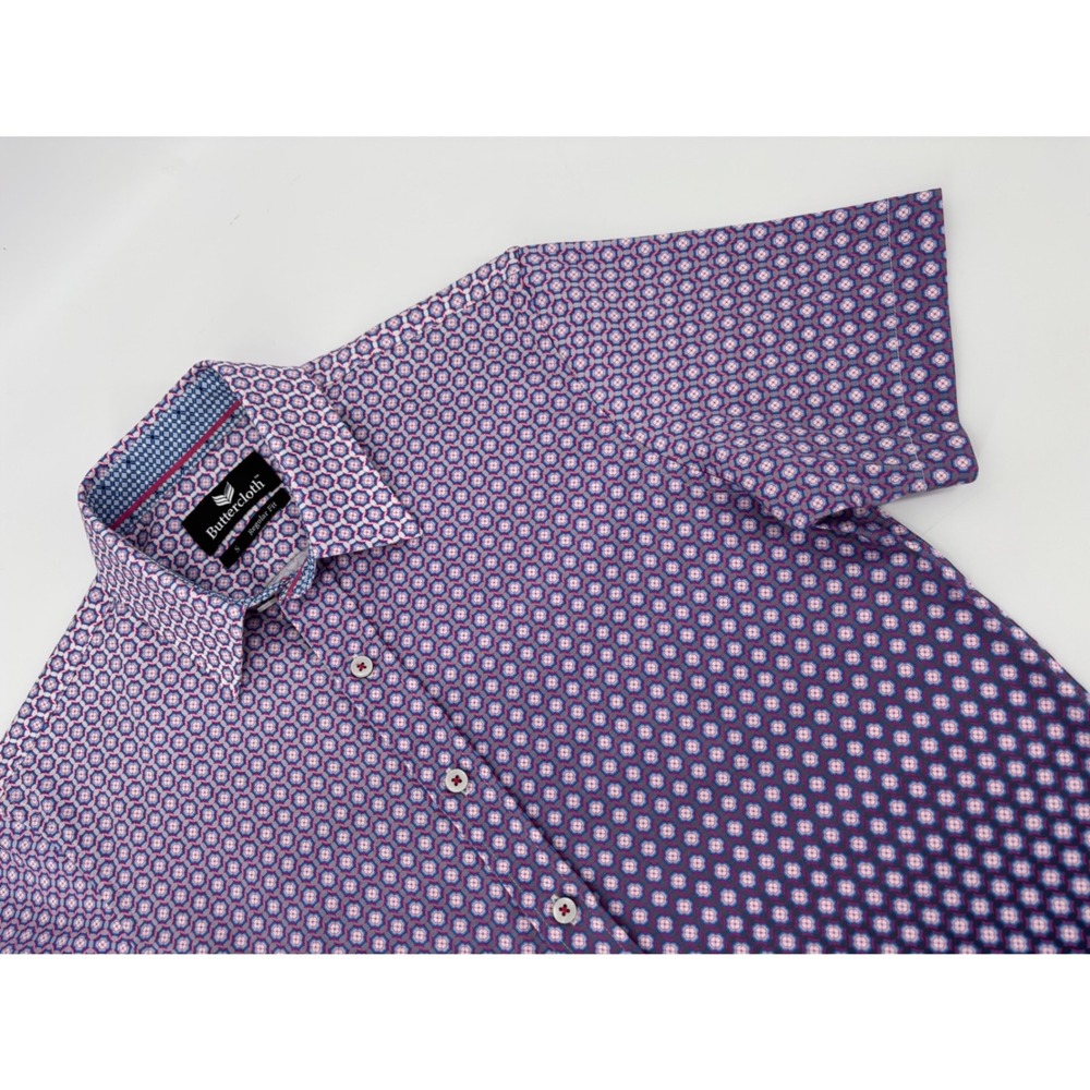 Buttercloth Mens Small Regular Fit Short Sleeve Purple Ombre Geometric Shirt